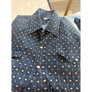 ELY CATTLEMAN Mens XXL Western Shirt Long Sleeve Geometric Print Snap Front Blue